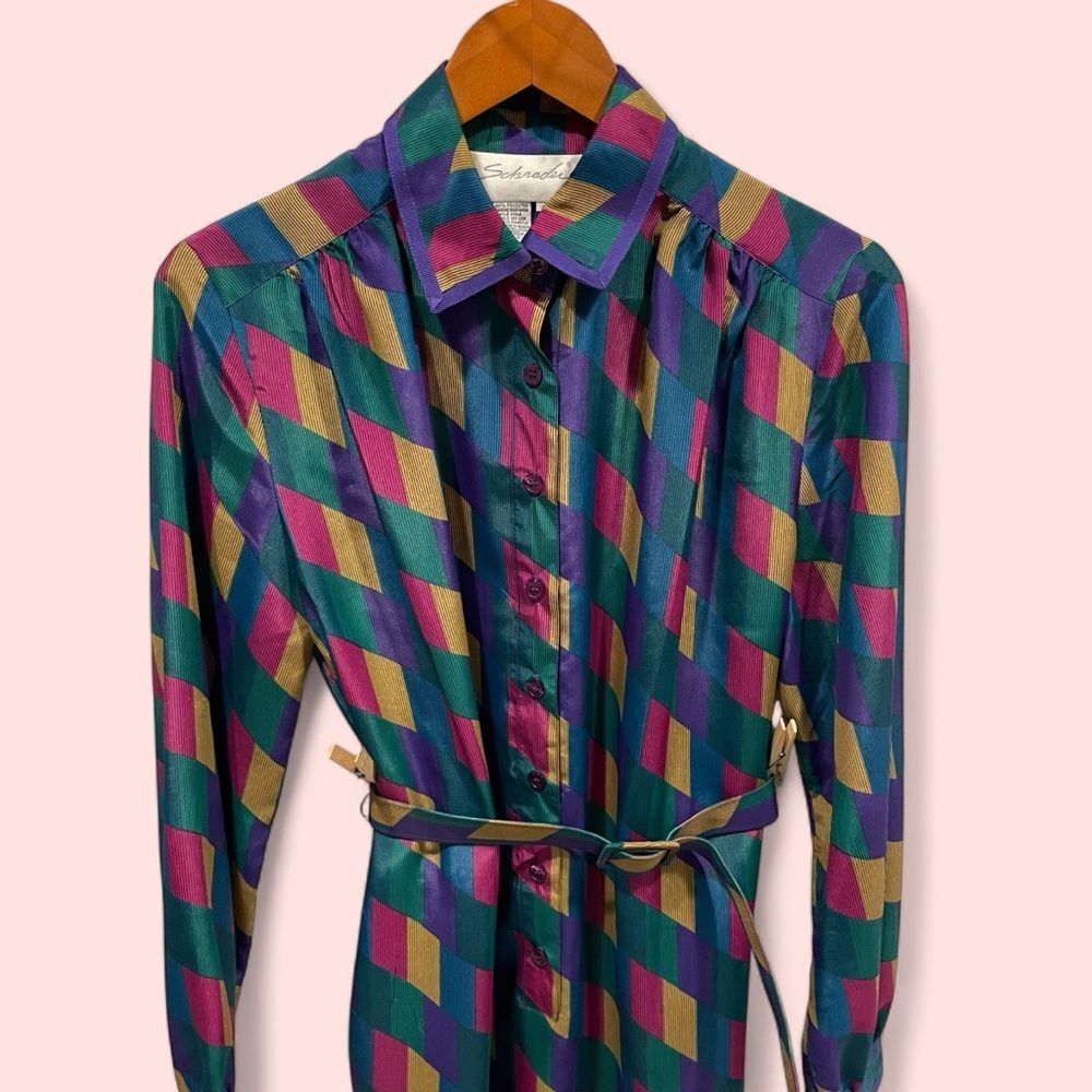 Vintage 70’s-80’s Schrader belted button front geometric shirt dress fabulous ✨